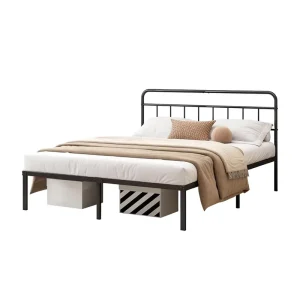12 inch Queen Size Bed Frame Minimalist Headboard Metal Platform Base Strong Slats Mattress Foundation Bed Storage Squeak
