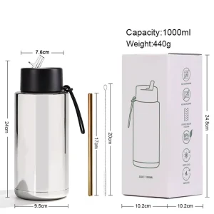 1L Portable Large-Mouth Electroplated Silver Stainless Steel Outdoor Sports Water Bottle
