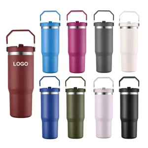 20oz 30oz Powder Coated Thermal Tumbler Custom Metal Cup Stainless Steel Water Bottle with Handle and Flip Straw Lid