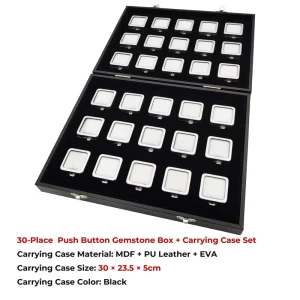 30 Place Push Button Metal Box Set Black MDF PU Leather Carrying Case Loose Gemstone Diamond Organizer For Trade Show