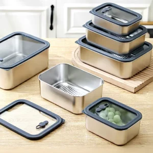 304 Stainless Steel Food Container with Glass Lid Tiffin Bento Box Adults Metal Lunch Box Set Airtight Leakproof Kitchen Storage