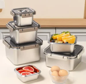 304 Stainless Steel Food Storage Box Three in one Stackable Storage Container with Sealing Strap and Handle Freezer Box
