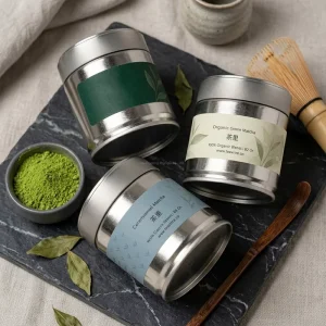 30g Metal Tin Can Sealed Airtight Screw Lid for Matcha Tea Powder Food Safe Custom Shiny Packaging Matcha Tins