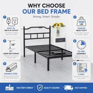 4 Inch Clearance Reinforced Slats Modern Bedroom Furniture Metal Bed Frame with Storage Function 15 20 Minutes Setup