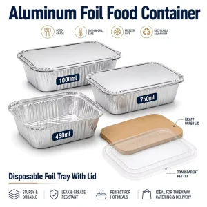 450ml 750ml 1000ml Rectangle Disposable Aluminum Foil Food Container Lid Oven Safe Recyclable Takeaway Baking Tray