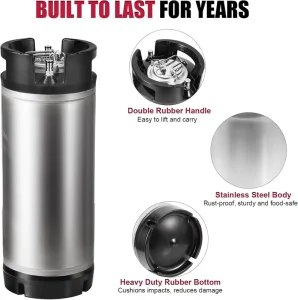 5 Gallon 19L Stainless Steel Corny Keg with Dual Rubber Handles and Ball Lock for Home Brewing