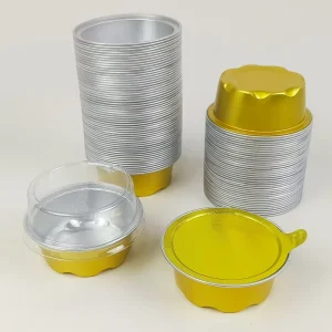 50ml Gold Foil Cup with Lids Disposable Round Pudding Cup Thickened Aluminum Foil Container for Baking Dessert Packaging
