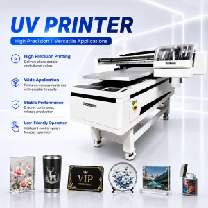 6090 UV Flatbed Printer with 3 I3200 Heads, CMYKW Ink and Varnish, for Metal, Glass, Acrylic, and Wood