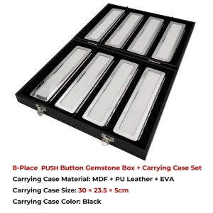 8 Place Long Push Button Metal Box Set Black MDF PU Leather Carrying Case Loose Gemstone Display For Jewelry Supplier