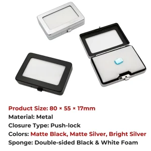 80x55x17mm Push Lock Metal Box Clear Window Loose Diamond Display Case Reversible Foam Gem Packaging