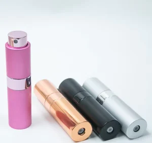 8ml Shiny Black Aluminum Metal Perfume Bottle with Rotating Pump Sprayer Easy Twist up Bottom Refillable