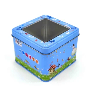 90*90*70mm Blue Window Candy Tinplate Box Offset Printing Lacquered Finish for Telephone Watch Packaging Customized Designs
