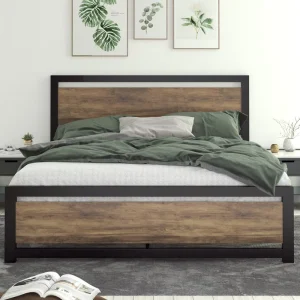 AJUNION Solid Wood Headboard Metal Bed Frame Queen Size Metal Platform Bed Frame with Under Bed Storage