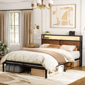 AJUNION Sturdy Steel Wood Queen Size Bed Metal Platform Bed Fixed Mattress Design Metal Beds with LED Light and Charging Station
