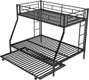 Adjustable Heavy Duty Metal Bunk Bed with Trundle 2 Ladders Guardrail Industrial Design for Kids Teens Adults