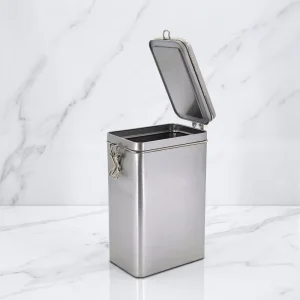Airtight Rectangular Tinplate Coffee and Tea Box with Latched Flip Lid, Recycled Materials and CMYK Offset Printing