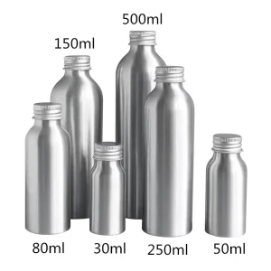 Aluminum Bottle with Metal Silver Screw Cap, 30ml-500ml