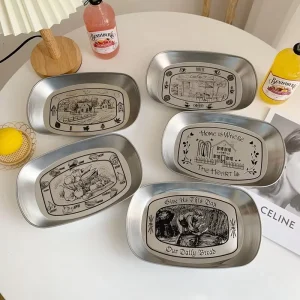 American Tinplate Stainless Steel Tray Retro Style Metal Dinner Plate Dish for Snacks Fruits Coffee Picnics
