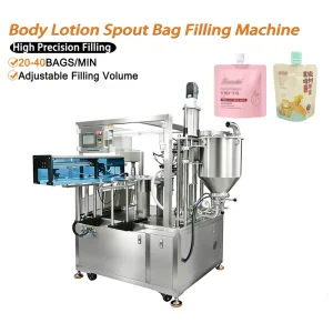 Automatic Body Lotion Spout Pouch Filling and Packing Machine, 20-40 Bags per Minute, Piston Dosing for Lotion, Shampoo, and Sauce