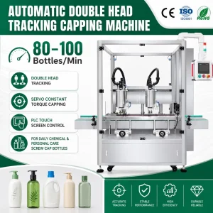 Automatic Double Head Tracking Screw Capping Machine 80 100BPM for Shampoo Lotion Liquid Soap Plastic Bottles
