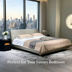 Bed Frame Ash Grey Two Tier Raised High Back Leather Headboard Soft Bed Thin Metal Foot Base Modern Luxury Bedroom Layout