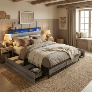 Bed Frame with Storage Headboard and 4 Drawers LED Lights Metal Bed Frame