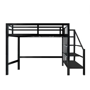 Bedroom Furniture Steel Double Deck Loft Bed Full Size High Sleeper Metal Bunk Bed Frame with Ladder and Guardrails