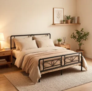 Best Selling OEM ODM Modern Metal Bed Frame Heavy Duty Steel Platform Bed Frame with Headboard for Home Hotel Airbnb Furniture