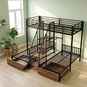 Black Full Size Modern Metal 3 Bed Dormitory Bunk Bed for Apartment Use