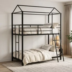 Black Metal Twin Bunk Bed with House Canopy Sturdy Steel Bed with Guardrail Ladder for Kids Bedroom Mosquito Net Use