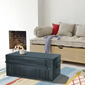 Black Rectangular Heavy-Duty Lacquered Metal Storage Trunk Box with Lock, Over 35 L Capacity, 10 kg Load