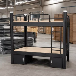 Black metal bunk bed with wooden board and storage cabinet heavy duty steel frame for school dormitory furniture project use