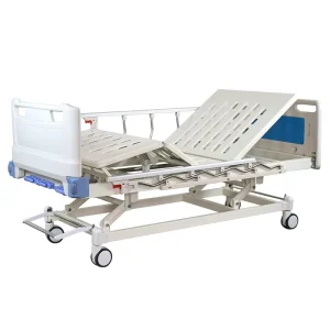 CE Certified 3 Function Manual Hospital Bed Alu Steel Curved Foldable Side Rails Perforated Deck Mobile Patient Bed for Clinic
