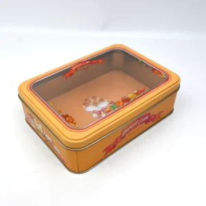 Cartoon Dessert Print Rectangular Tinplate Biscuit Gift Box with Orange Window Top