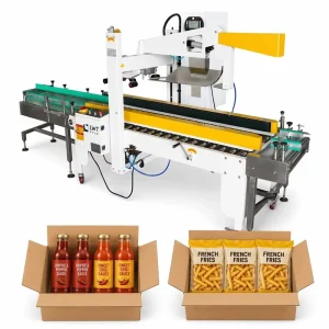 Case Sealing Machine for Cartons of French Fries, Chipotle Pepper Sauce, and Sweet Chili Sauce