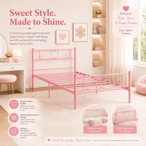Charming Pink Metal Twin Box Spring Bed Durable Modern Design for Girls’ Bedroom Apartment & Villa Use