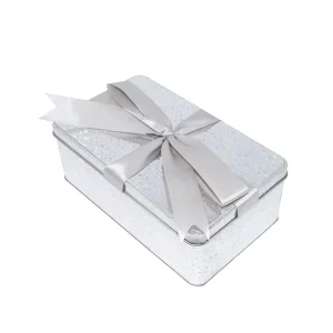 Chinese Supplier Silver Metal Box Christmas Gift Tin Box Glitter Tin Box With Ribbon