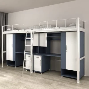 Combination Dormitory Bunk Bed with Desk Metal Frame Double decker Design for College Students Modern Bedroom Commercial Use