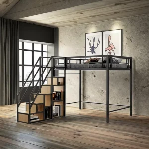 Commercial 1.2mm Thicker Tube Steel Loft Bed with Stairs Strong Weight Capacity Adult Dormitory Apartment Metal Bed