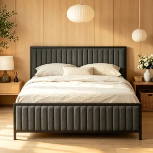 Commercial Grade Vertical Tuft Fabric Upholstered Metal Bed Durable Anti-Squeak Bed for Serviced Apartment Homestay Motel
