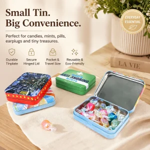 Compact Pocket-Size Hinged Metal Tin Box Food Grade Rectangular Tinplate Can Portable Travel Mini Storage for Candy Mint