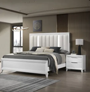 Contemporary Queen Size Bed 2x Nightstand 3pc Set Panel Bed Upholstered Cushion LED Lights Domestic US Shipping MOQ 1