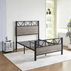 Contemporary Steel Bed Frame with Headboard Easy Assembly Stable Iron Bed Base for Rental Airbnb Apartment Hotel
