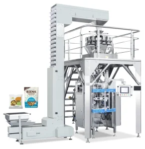 Continuous-Motion Stainless Steel Automatic Food and Snack Packing Machine with PLC-Controlled Filling, Labeling, and Sealing