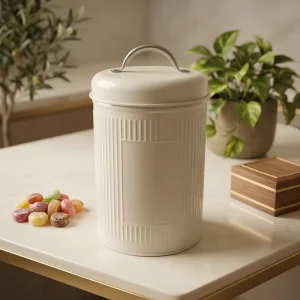 Cream Vertical Striped Tinplate Candy Tin Can with Handle Food Grade Round Metal Chocolate Storage Container Custom Logo