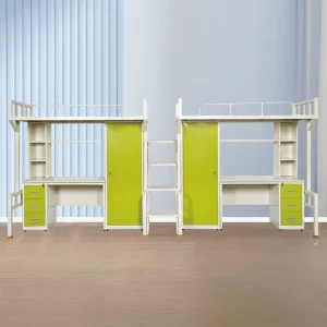 Custom 2 Set Heavy Duty Metal Modern Full Size Loft Bed with Desk Wardrobe and Storage Drawers Space Saving Dorm Hostel Use