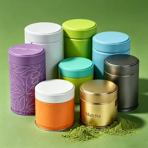 Custom 30g, 50g, and 100g Airtight Round Matte Black Tinplate Matcha, Coffee, and Tea Powder Packaging