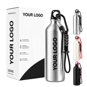 Custom Aluminum Water Bottle 500ml 750ml 1000ml with Carabiner Paracord Handle Lightweight Sports Bottle for Promotional Gifts