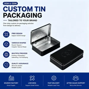 Custom Black Hinge-Lid Rectangular Tin Box Tinplate Container for Snack Candy Biscuit Chocolate Gift Packaging