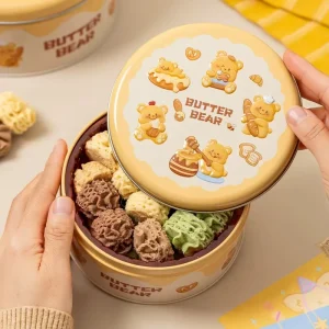 Custom Cartoon Cookie Tinplate Box Round Empty Small Crisp Storage Metal Can